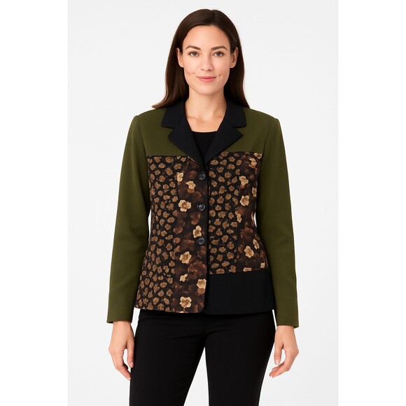 Sag Harbor Women's Blazer Jacket 14 Green Floral Patchwork Button Front Lined - Picture 1 of 8